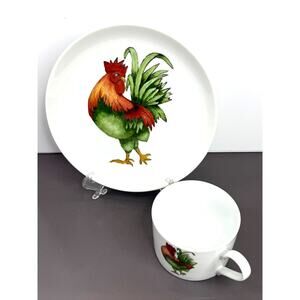 Signed Joyce Langford 2 Piece Strutting Rooster Plate and Soup Cup Set
